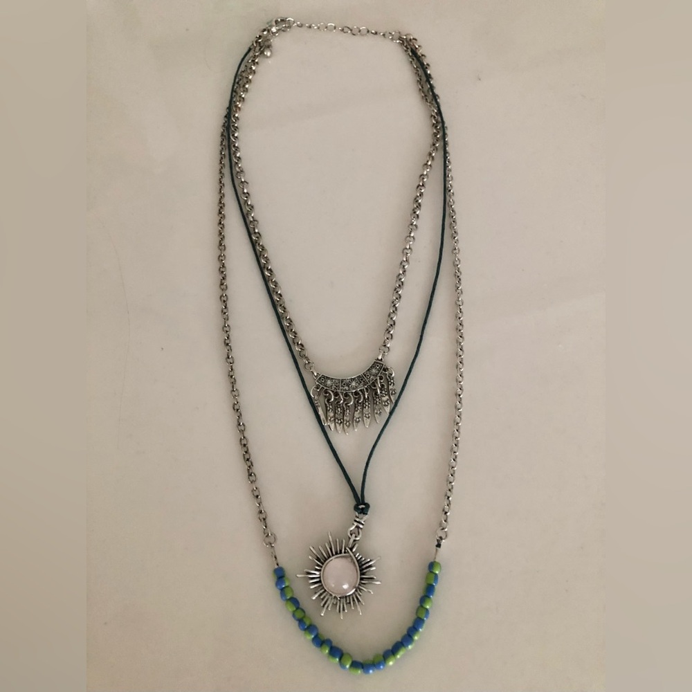 Silver Layered Necklace with Sun Pendant